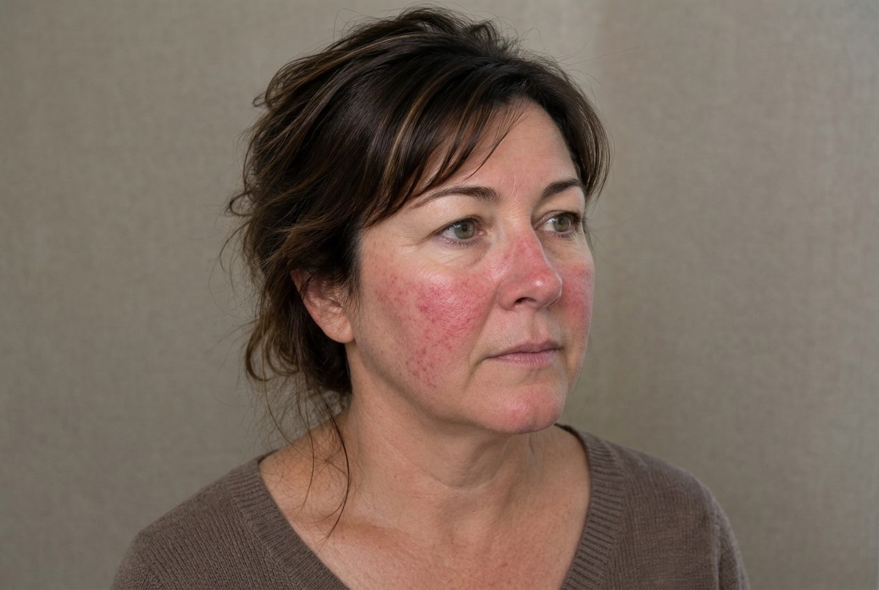 Woman with rosacea showing facial redness and visible vessels across the cheeks