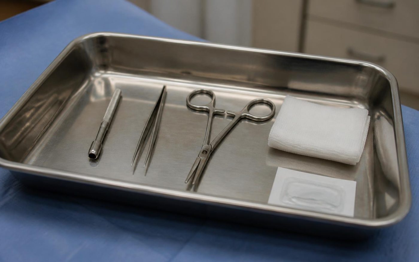Sterile tray with a punch biopsy tool, forceps, needle driver, suture and gauze prepared for a skin biopsy