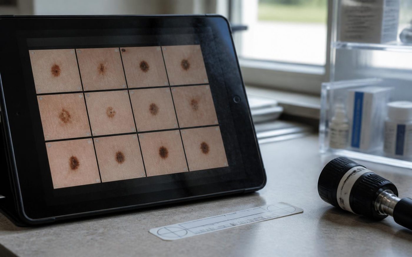 Mole mapping photographs displayed on a tablet with a measuring ruler and dermatoscope for ongoing surveillance